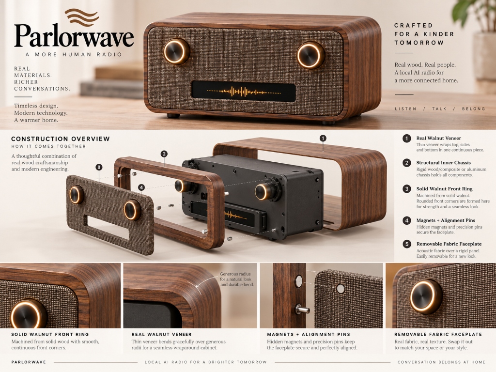 Parlorwave exploded construction schematic showing real walnut veneer, structural inner chassis, solid walnut front ring, magnets and alignment pins, and removable fabric faceplate