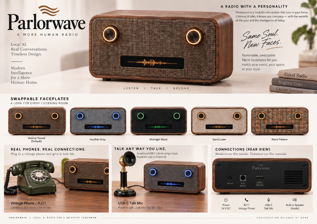 Parlorwave AI radio ecosystem showing swappable faceplates, vintage rotary phone connection via RJ11, and USB-C talk mic